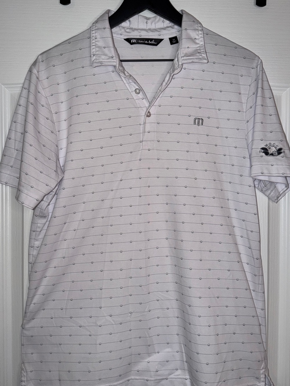 Travis Mathew White Short Sleeve Polo with Subtle Dot Stripe